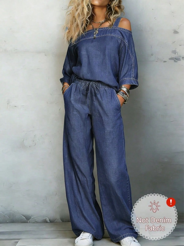 Pocket Square Set - Dames, tweedelig outfit in denimlook, top